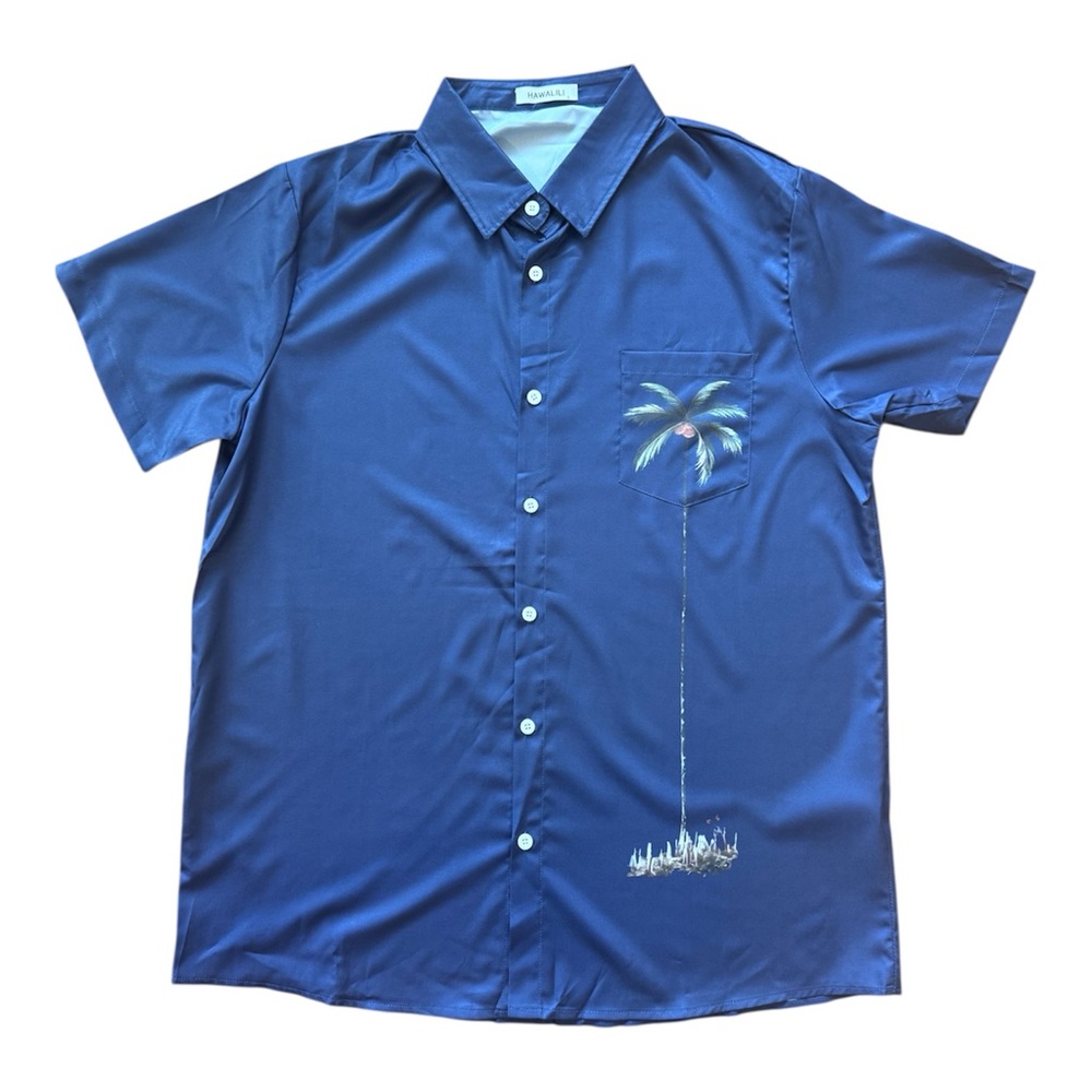 Hawalili Mens Large Hawaiian Shirt Blue Short Sleeve Button Up Palm Tree Pocket